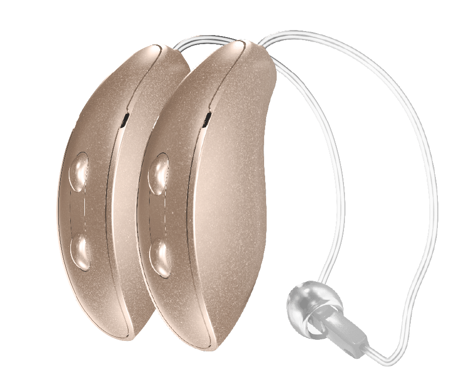 A pair of beige RIC 312 hearing aids